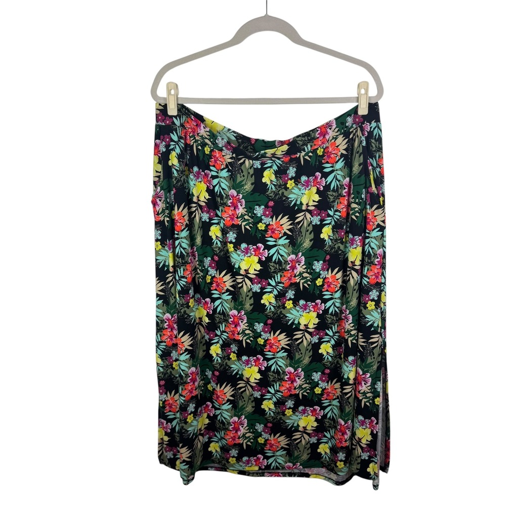 Terra & Sky Floral Pull On Maxi Skirt 4X Multicolor Stretch Side Slit Tropical - Picture 2 of 10